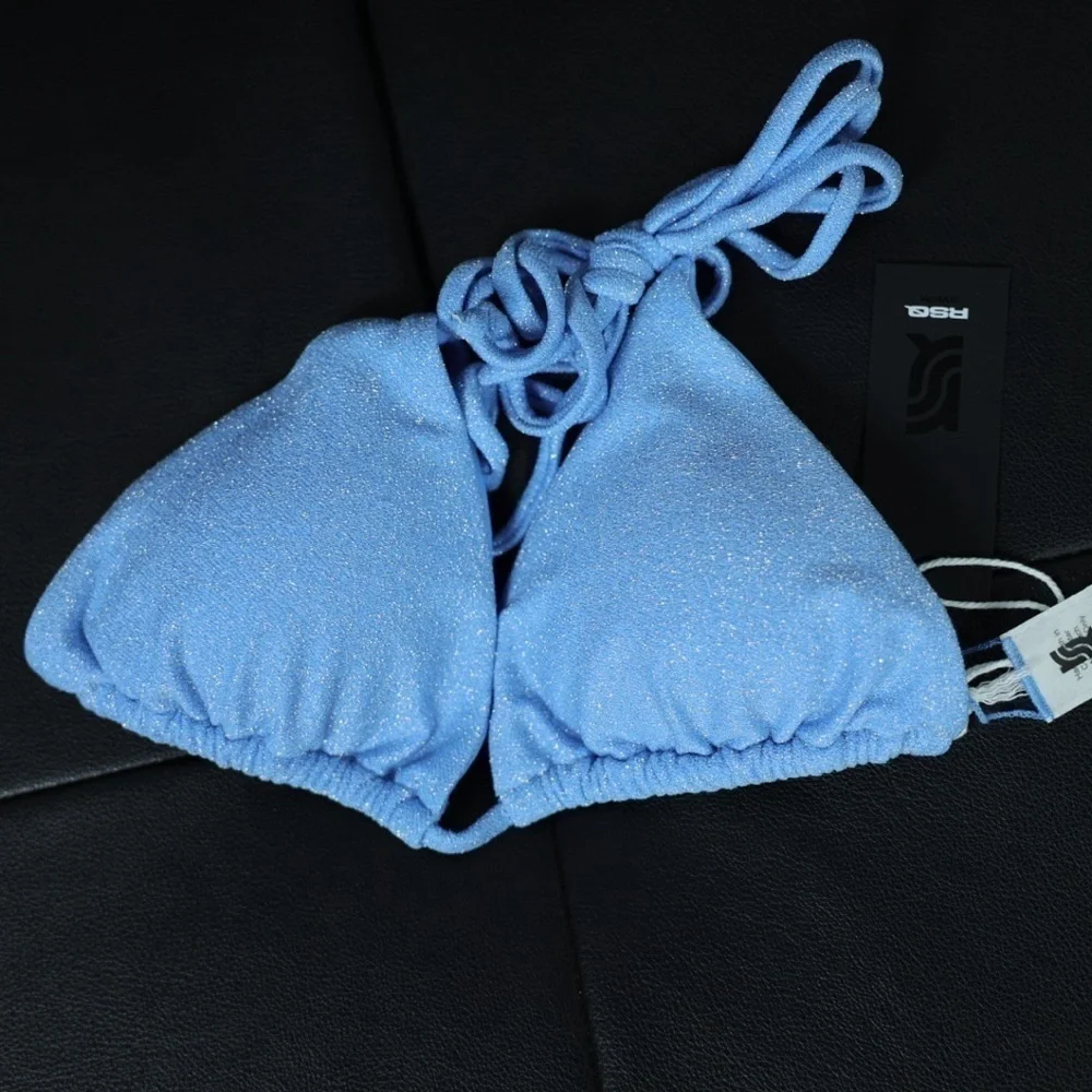 New RSQ metallic blue sparkly shimmery lined triangle bikini festival top, Large